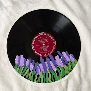 Hand-Painted Vinyl Record with Lilac Flowers